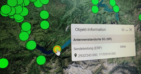 Ausschnitt der Schweizer Karte mit eingezeichneten Standorten von 5G Antennen