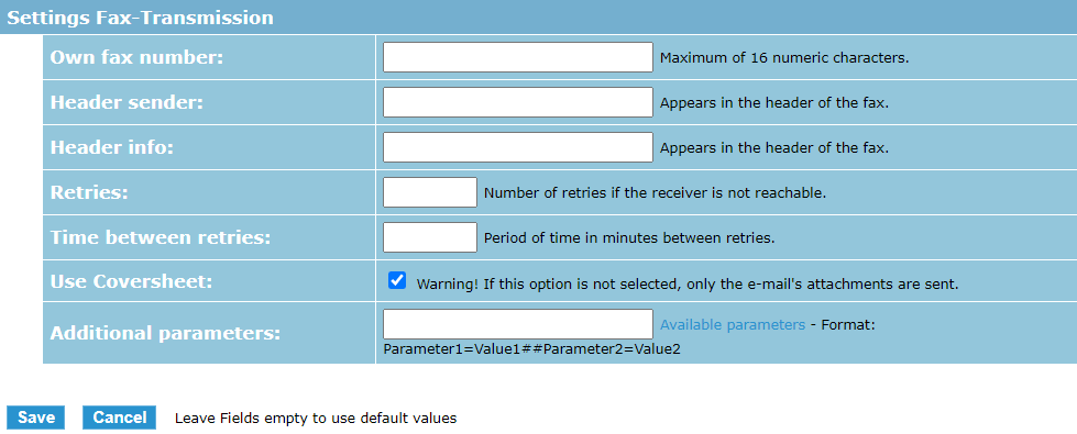 eCall interfaccia e-mail – ci sono numerose impostazioni per l'invio di fax con eCall