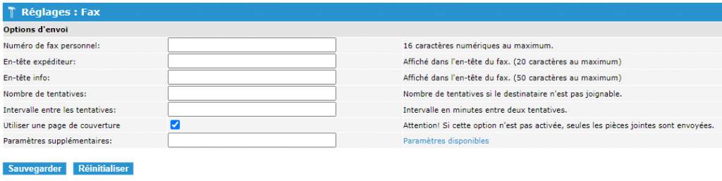 eCall interface courrier électronique – il existe de nombreux paramètres pour l'envoi de télécopies avec eCall