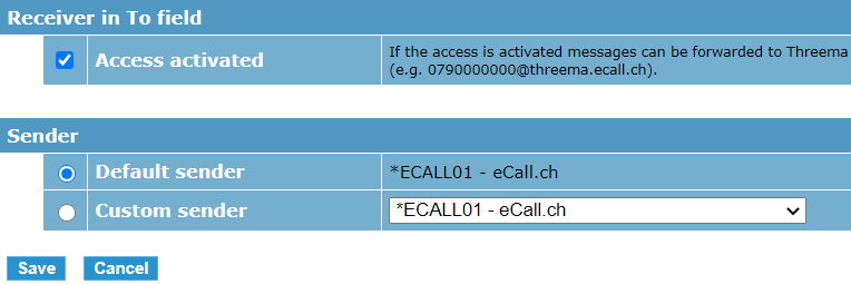 eCall e-mail interface – the e-mail interface can be activated by clicking the checkbox