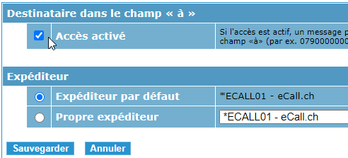 eCall interface courrier électronique – l'interface de courrier électronique peut être activée en cliquant sur la case à cocher