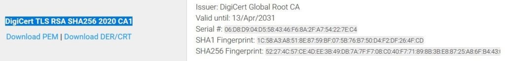 DigiCert Certificate TLS RSA SHA256 2020 CA1