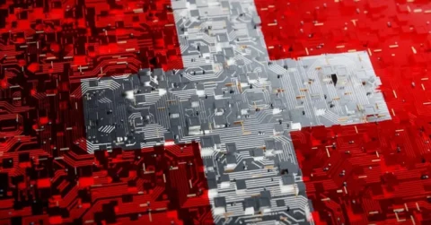 Technologischer Hintergrund mit Nationalflagge der Schweiz.