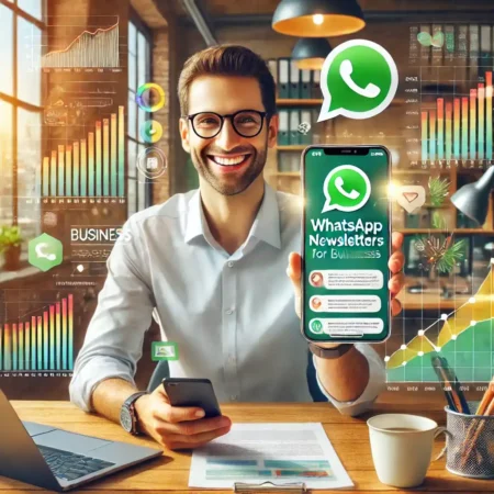 Ein lächelnder Mann mit Brille sitzt in einem modernen Büro und hält ein Smartphone in die Kamera, auf dem eine WhatsApp Business-Newsletter-Nachricht angezeigt wird. Im Hintergrund sind ein Laptop mit bunten Analyse-Diagrammen, Regale mit Büchern und Pflanzen sowie eine gemütliche Beleuchtung zu sehen. Digitale Grafikelemente wie Diagramme, Symbole und das WhatsApp-Logo unterstreichen das Thema digitale Kommunikation und Marketing.