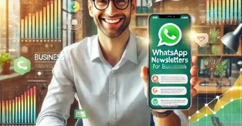 Ein lächelnder Mann mit Brille sitzt in einem modernen Büro und hält ein Smartphone in die Kamera, auf dem eine WhatsApp Business-Newsletter-Nachricht angezeigt wird. Im Hintergrund sind ein Laptop mit bunten Analyse-Diagrammen, Regale mit Büchern und Pflanzen sowie eine gemütliche Beleuchtung zu sehen. Digitale Grafikelemente wie Diagramme, Symbole und das WhatsApp-Logo unterstreichen das Thema digitale Kommunikation und Marketing.