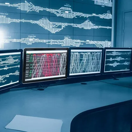 Several computer monitors and a large wall screen display complex railway track diagrams and train schedules in a modern control room, where operators may receive updates via Online SMS, suggesting a railway operations or traffic control center.