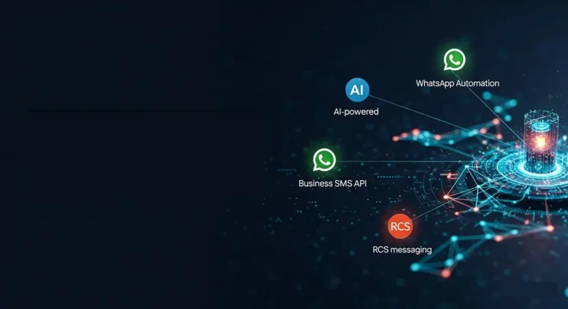 Digital illustration showing a network of connected icons for AI-powered WhatsApp Automation, Business SMS API, and RCS messaging, symbolizing modern messaging technologies on a dark blue background.