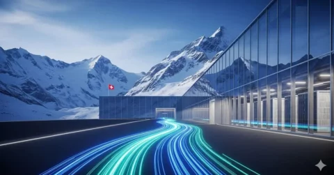 A modern glass building stands in front of snow-covered mountains, with a Swiss flag visible. Curved lines of blue and green light streak across the ground, suggesting motion or digital connectivity.