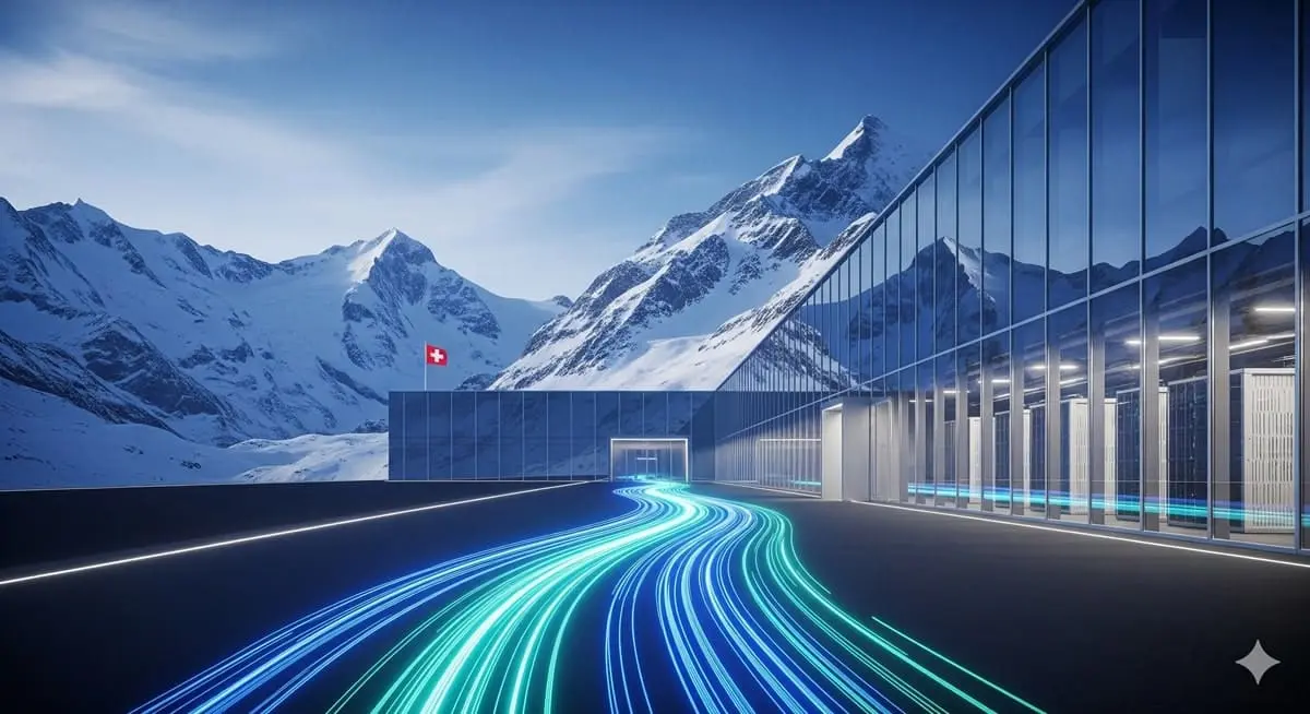 A modern glass building stands in front of snow-covered mountains, with a Swiss flag visible. Curved lines of blue and green light streak across the ground, suggesting motion or digital connectivity.