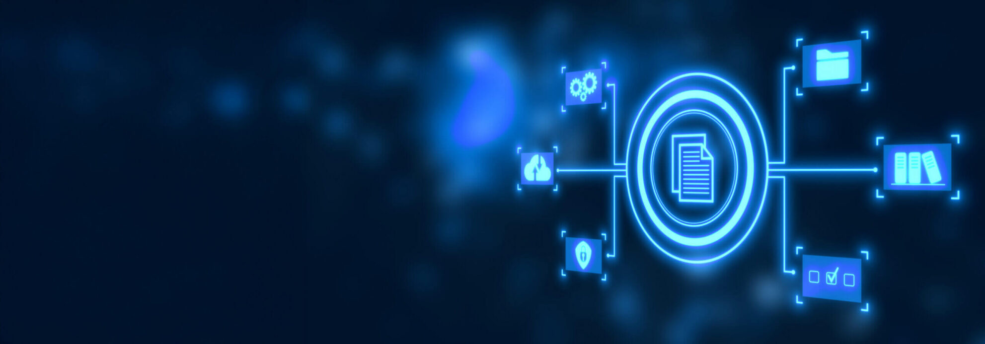 Eine leuchtende digitale Illustration zeigt ein zentrales Dokumentensymbol, das durch Linien mit verschiedenen Symbolen verbunden ist, die symbolisieren, wie Sie Fax online senden und empfangen am PC können, darunter Zahnräder, ein Ordner, eine Checkliste und mehr auf einem dunkelblauen Hintergrund.