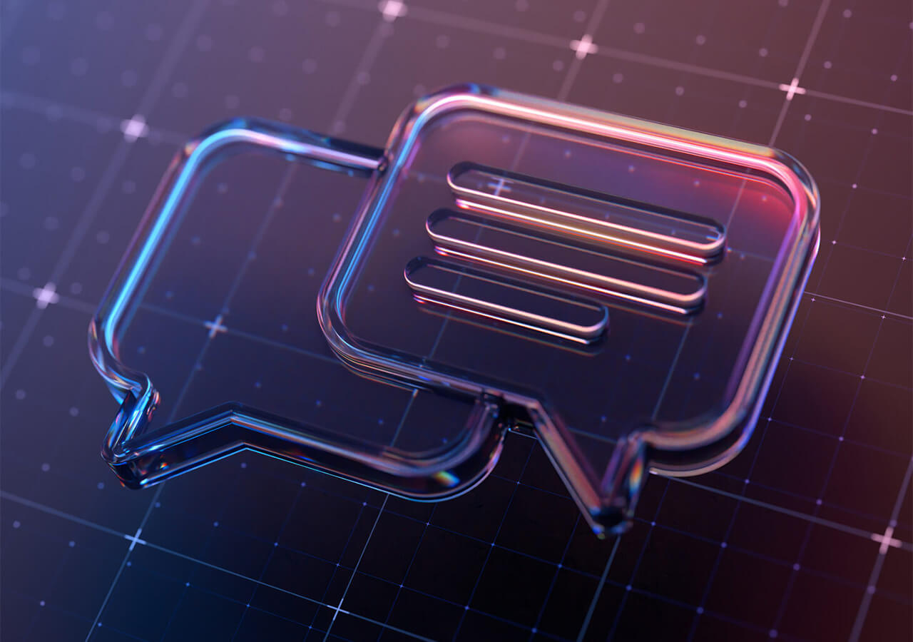 Transparente 3D-Chatblasen, eine davon mit drei horizontalen Linien, die Text darstellen, überlagern einen dunklen Gitterhintergrund mit lila und blauer Beleuchtung.