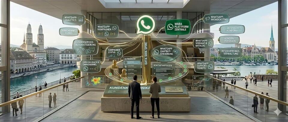 Das Bild zeigt eine moderne Unternehmenszentrale, welche für die Bearbeitung von einem WhatsApp Unternehmensaccount.