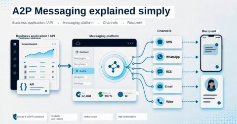 A diagram explaining A2P messaging: a business app connects to a messaging platform, which sends messages via SMS, WhatsApp, RCS, Email, and Voice to recipients; key metrics and platform features are highlighted.