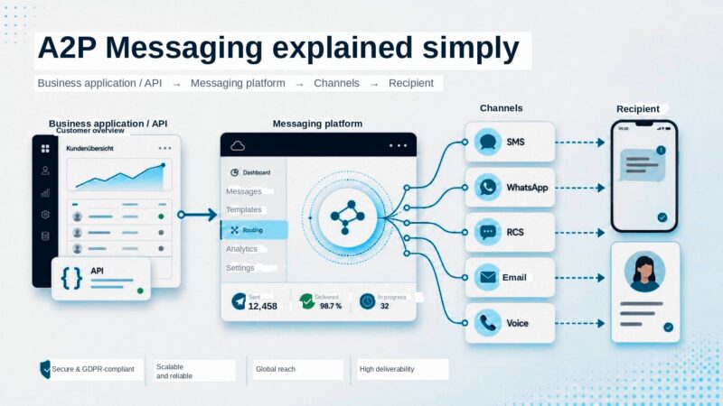 A diagram explaining A2P messaging: a business app connects to a messaging platform, which sends messages via SMS, WhatsApp, RCS, Email, and Voice to recipients; key metrics and platform features are highlighted.