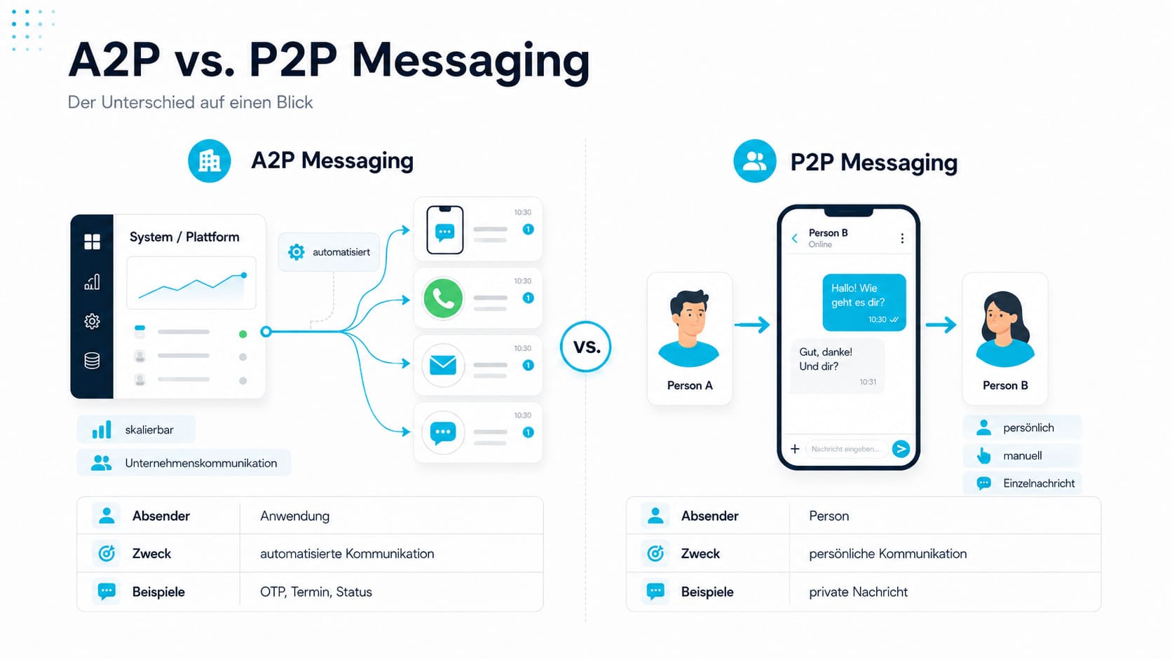 Infografik zum Vergleich zwischen A2P Messaging und P2P Messaging mit Symbolen und Bildern: A2P steht für automatisierte geschäftliche Nachrichten, die an mehrere Empfänger gesendet werden; P2P steht für einen Chat zwischen zwei Personen, wobei unterschiedliche Absender, Zwecke und Merkmale hervorgehoben werden. 