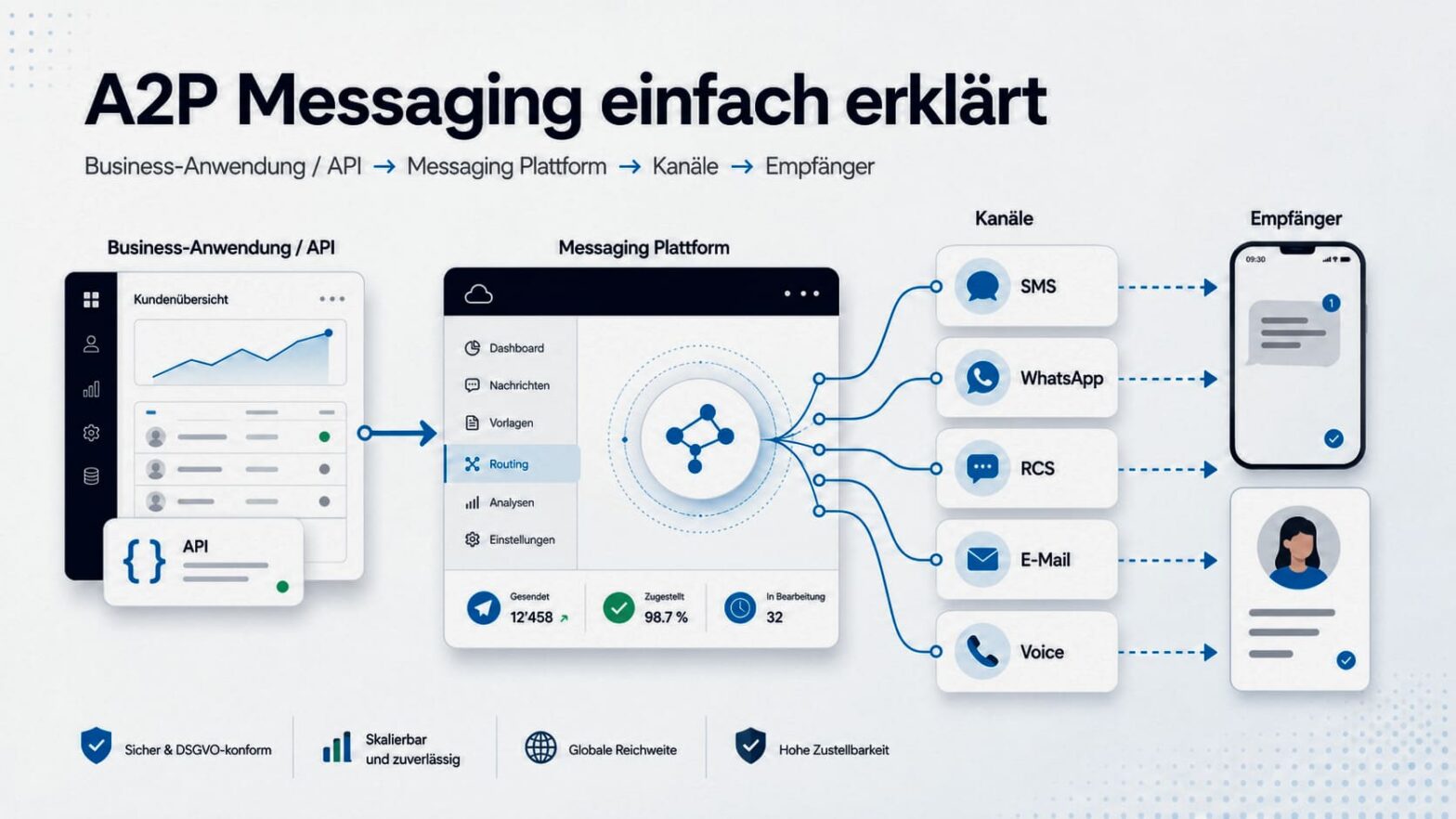 Die Infografik erläutert das A2P-Messaging: Eine Unternehmens-App oder API stellt eine Verbindung zu einer Plattform her und leitet Nachrichten per SMS, WhatsApp, RCS, E-Mail und Sprachnachrichten weiter. Symbole verdeutlichen die Aspekte Sicherheit, Skalierbarkeit, Reichweite und Zuverlässigkeit für die moderne Geschäftskommunikation.