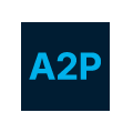Fettgedruckter blauer Text „A2P“ auf dunkelblauem Hintergrund.