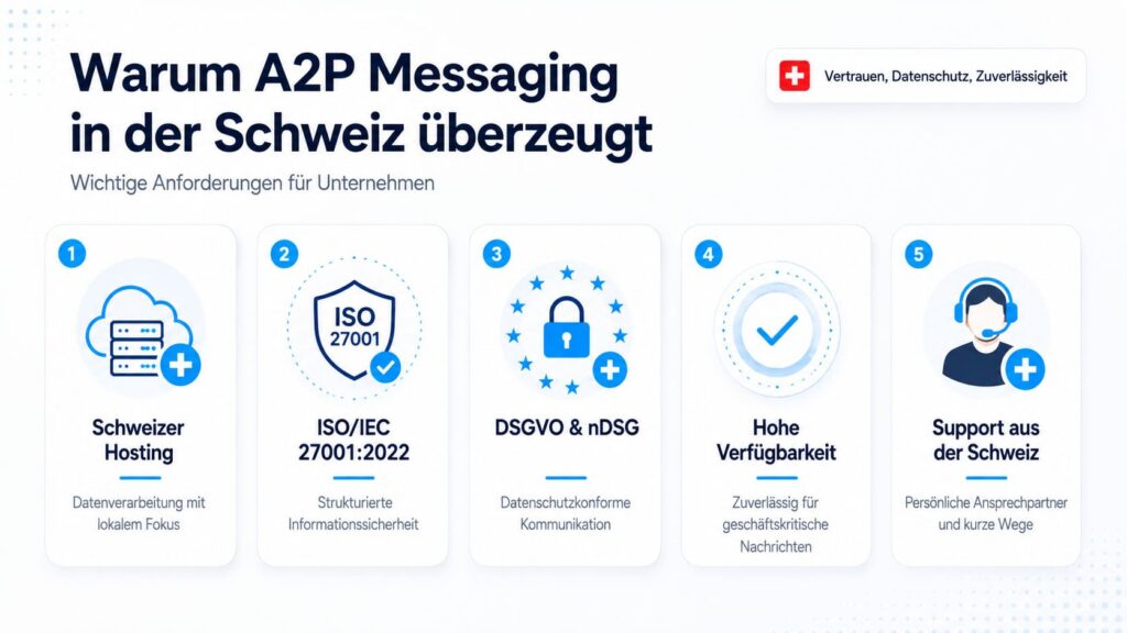 Infografik mit fünf Symbolen und Text: Vorteile von A2P-Messaging in der Schweiz – Hosting in der Schweiz, ISO/IEC 27001-Zertifikat, DSGVO und nDSG, hohe Verfügbarkeit sowie Support aus der Schweiz. für die Schweizer A2P Messaging Plattform von eCall Business Messaging.
