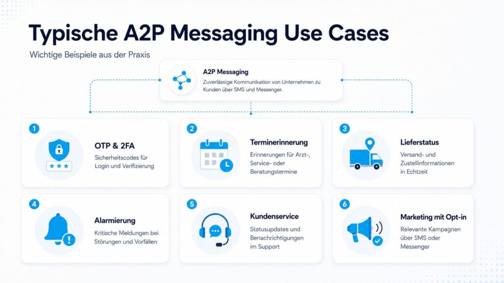 Infografik auf Deutsch mit dem Titel „Typische Anwendungsfälle für A2P-Nachrichten“ mit Symbolen und Text, die Anwendungsfälle für Nachrichten veranschaulichen, darunter A2P SMS für OTP und 2FA, Termine, Zustellstatus, Benachrichtigungen, Kundenservice, SMS-Marketing., , Terminerinnerungen und Kundenbenachrichtigungen