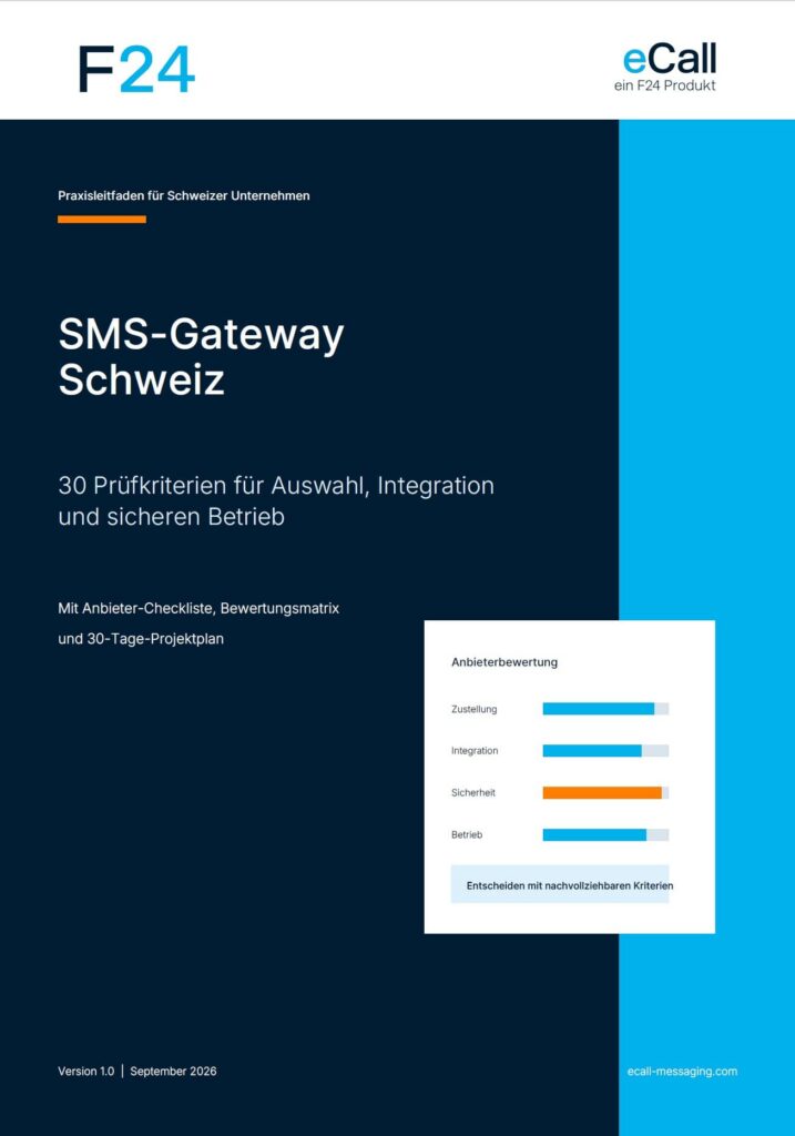 Cover des Praxisleitfadens «SMS-Gateway Schweiz: 30 Prüfkriterien»