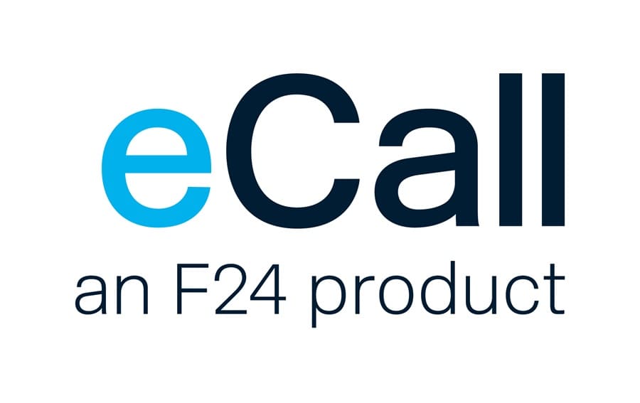 A logo featuring the word ‘eCall’ in large letters, with the ‘e’ in blue and ‘Call’ in black, to highlight the eCall Business Messaging solution. Beneath this, in smaller black lettering, is the text ‘an F24 product’. The background is white.
