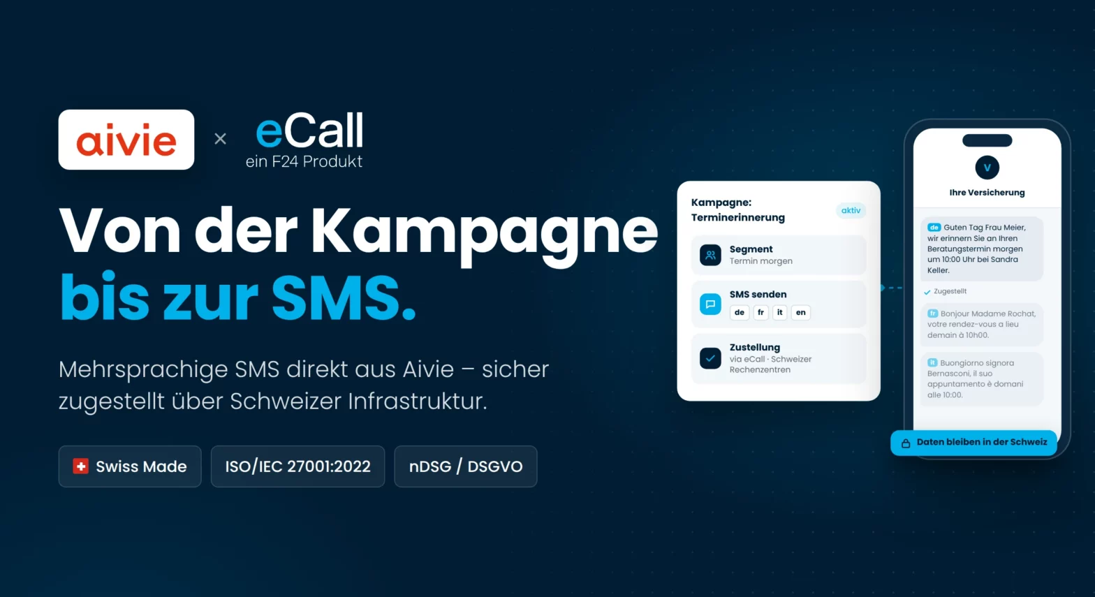 Marketinggrafik für Aivie und eCall, die eine mehrsprachige SMS-Terminerinnerungsoberfläche auf einem Smartphone-Bildschirm zeigt, wobei darunter die Zertifizierungen „Swiss Made“, ISO/IEC 27001 sowie nDSG/DSGVO aufgeführt sind.