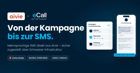 Marketinggrafik für Aivie und eCall, die eine mehrsprachige SMS-Terminerinnerungsoberfläche auf einem Smartphone-Bildschirm zeigt, wobei darunter die Zertifizierungen „Swiss Made“, ISO/IEC 27001 sowie nDSG/DSGVO aufgeführt sind.