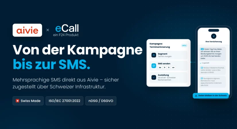 Marketinggrafik für Aivie und eCall, die eine mehrsprachige SMS-Terminerinnerungsoberfläche auf einem Smartphone-Bildschirm zeigt, wobei darunter die Zertifizierungen „Swiss Made“, ISO/IEC 27001 sowie nDSG/DSGVO aufgeführt sind.
